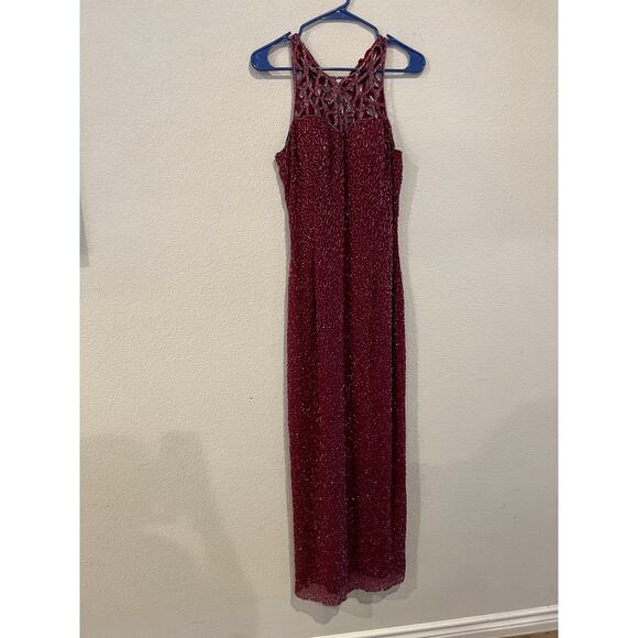 SCALA Womens Burgundy Beaded Embellished Halter Dress Formal Evening Gown Size L - Picture 1 of 5